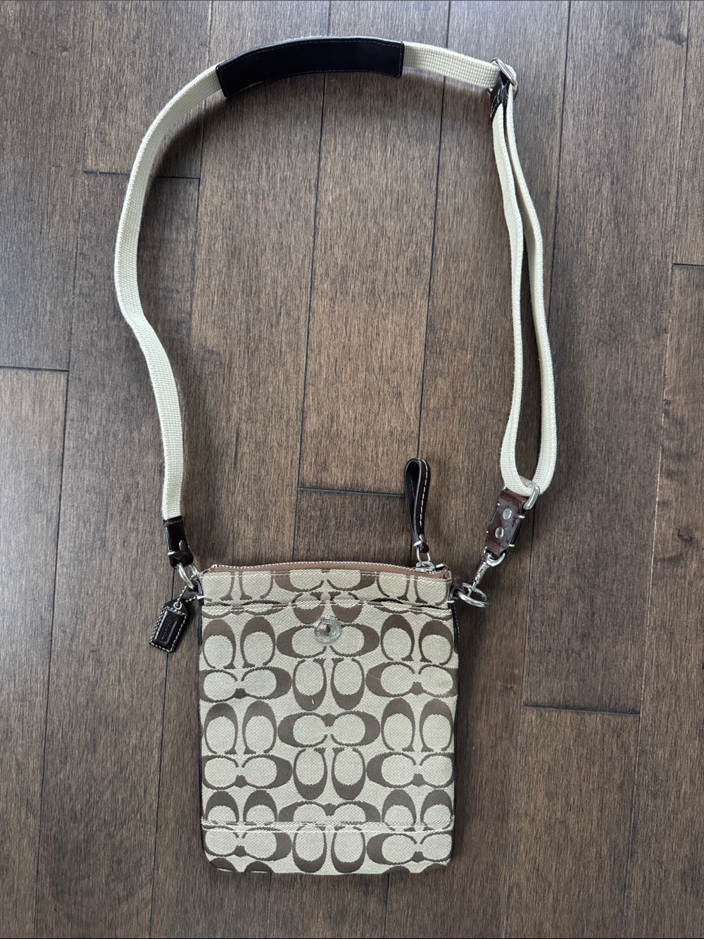 Coach Khaki and Chalk Signature Canvas Crossbody Bag with Cream Strap